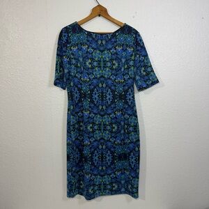 London Times US 12 Blue Green‎ Print Dress Short Sleeve Flawed Hem Fixable